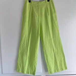 Linen Bright Lime Green Upscale Fashion Wide-Leg Pants Runway Color Artsy M